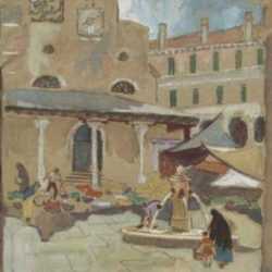 Watercolor by Anita Willets-Burnham: Market and Fountain, Venice, represented by Childs Gallery