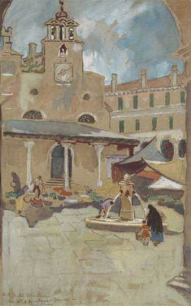Watercolor by Anita Willets-Burnham: Market and Fountain, Venice, represented by Childs Gallery