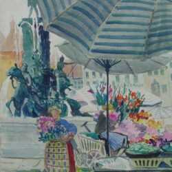 Watercolor by Anita Willets-Burnham: Marketplace, Nüremberg, Germany, represented by Childs Gallery