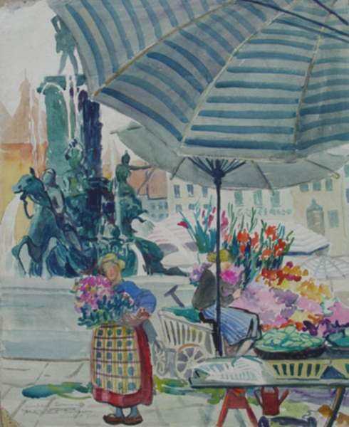 Watercolor by Anita Willets-Burnham: Marketplace, Nüremberg, Germany, represented by Childs Gallery