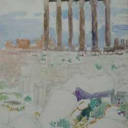 Watercolor by Anita Willets-Burnham: Mighty Roman Ruins at Baalbeck, represented by Childs Gallery