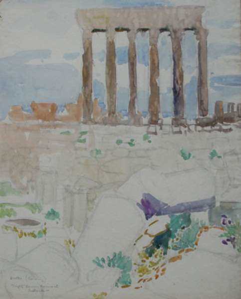 Watercolor by Anita Willets-Burnham: Mighty Roman Ruins at Baalbeck, represented by Childs Gallery