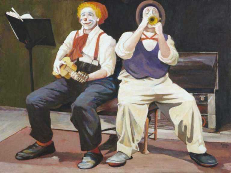 Painting by Anne Lyman Powers: [Clown Musicians], represented by Childs Gallery