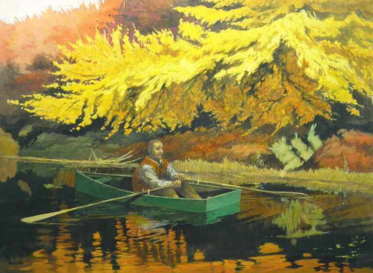 Watercolor By Anne Lyman Powers: Autumn Boat Ride At Childs Gallery