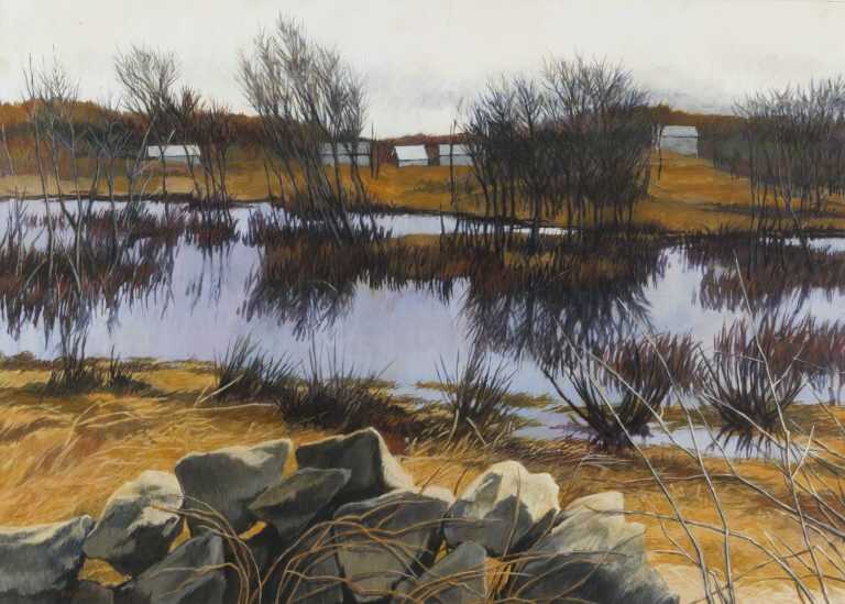Mixed Media By Anne Lyman Powers: [autumn Stream With Barns In The Distance] At Childs Gallery
