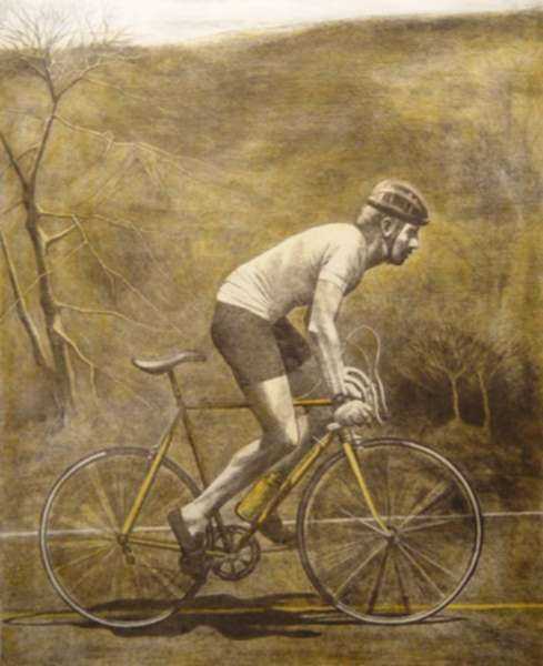 Print by Anne Lyman Powers: Bicycling Cross Country, represented by Childs Gallery