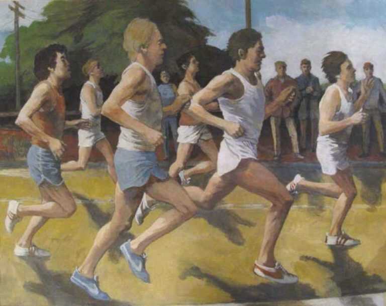 Watercolor by Anne Lyman Powers: Marathon Tryptich (center panel), represented by Childs Gallery