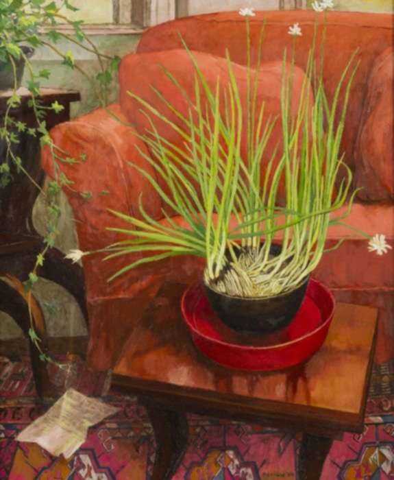 Painting by Anne Lyman Powers: Paperwhites and Red Chair, represented by Childs Gallery