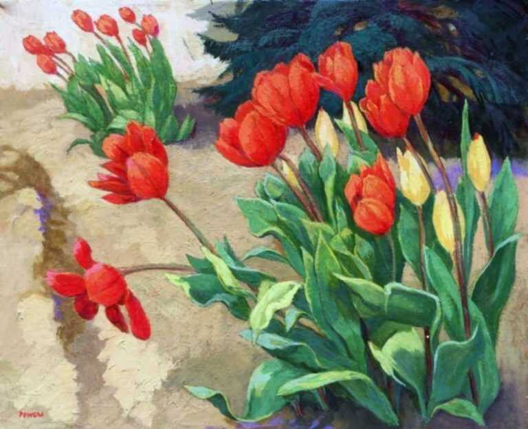 Painting by Anne Lyman Powers: Red Tulips, represented by Childs Gallery