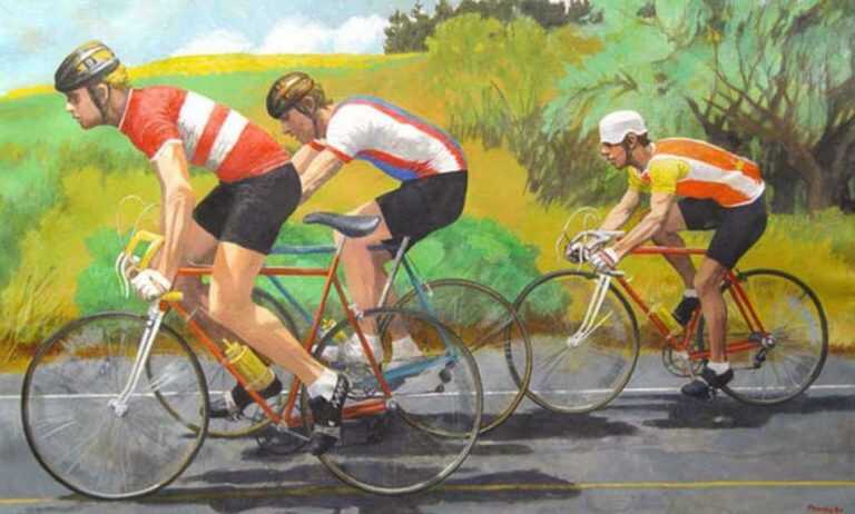 Watercolor by Anne Lyman Powers: The Bicycle Race [California near Stanford], represented by Childs Gallery