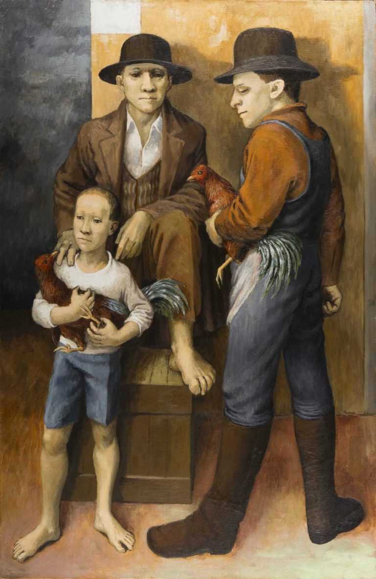 Painting By Anne Lyman Powers: The Cock Fighters Or Three Figures With Roosters At Childs Gallery