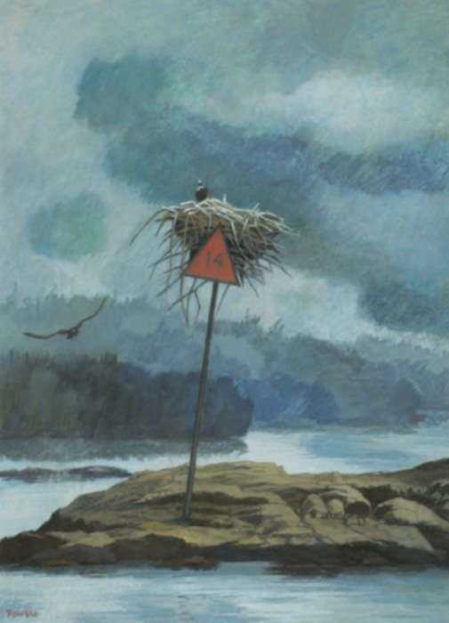 Painting by Anne Lyman Powers: The Osprey Nest on Daybeacon 14, represented by Childs Gallery