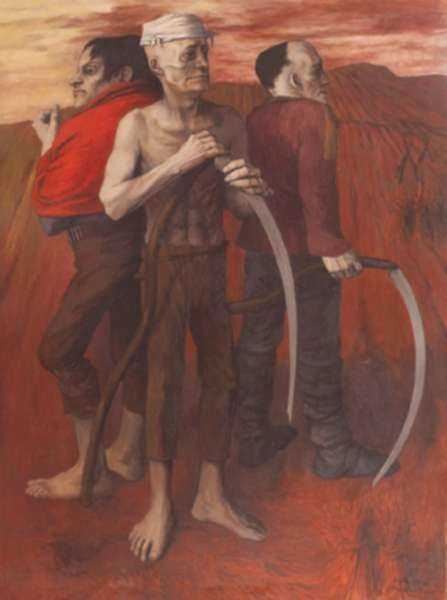 Painting by Anne Lyman Powers: Three War-Time Farmers with Scythes, represented by Childs Gallery