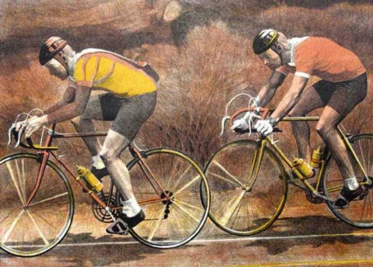 Print by Anne Lyman Powers: Two Bicyclists, represented by Childs Gallery