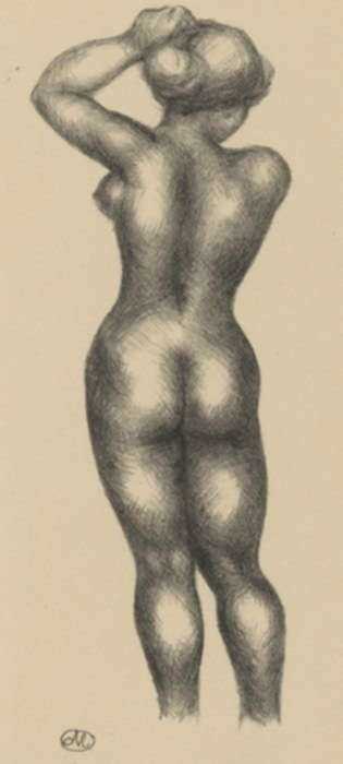 Print by Aristide Maillol: Standing woman seen from the rear adjusting her hair, represented by Childs Gallery