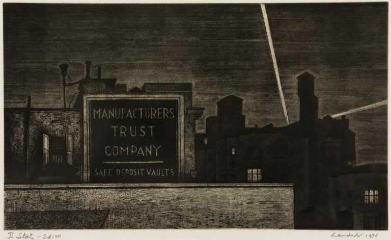 Print by Armin Landeck: Manufacturers Trust (2nd State of Manhattan Nocturne), available at Childs Gallery, Boston