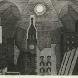 Print by Armin Landeck: Manhattan Rooftop in Moonlight, represented by Childs Gallery