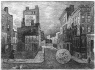 Print by Armin Landeck: One Way Street, represented by Childs Gallery