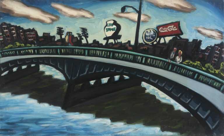 Painting by Arnold Trachtman: Bridge with Cola Sign, available at Childs Gallery, Boston