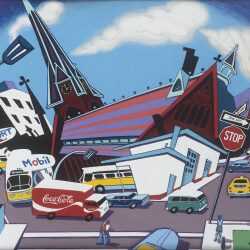 Painting by Arnold Trachtman: Central Square, available at Childs Gallery, Boston