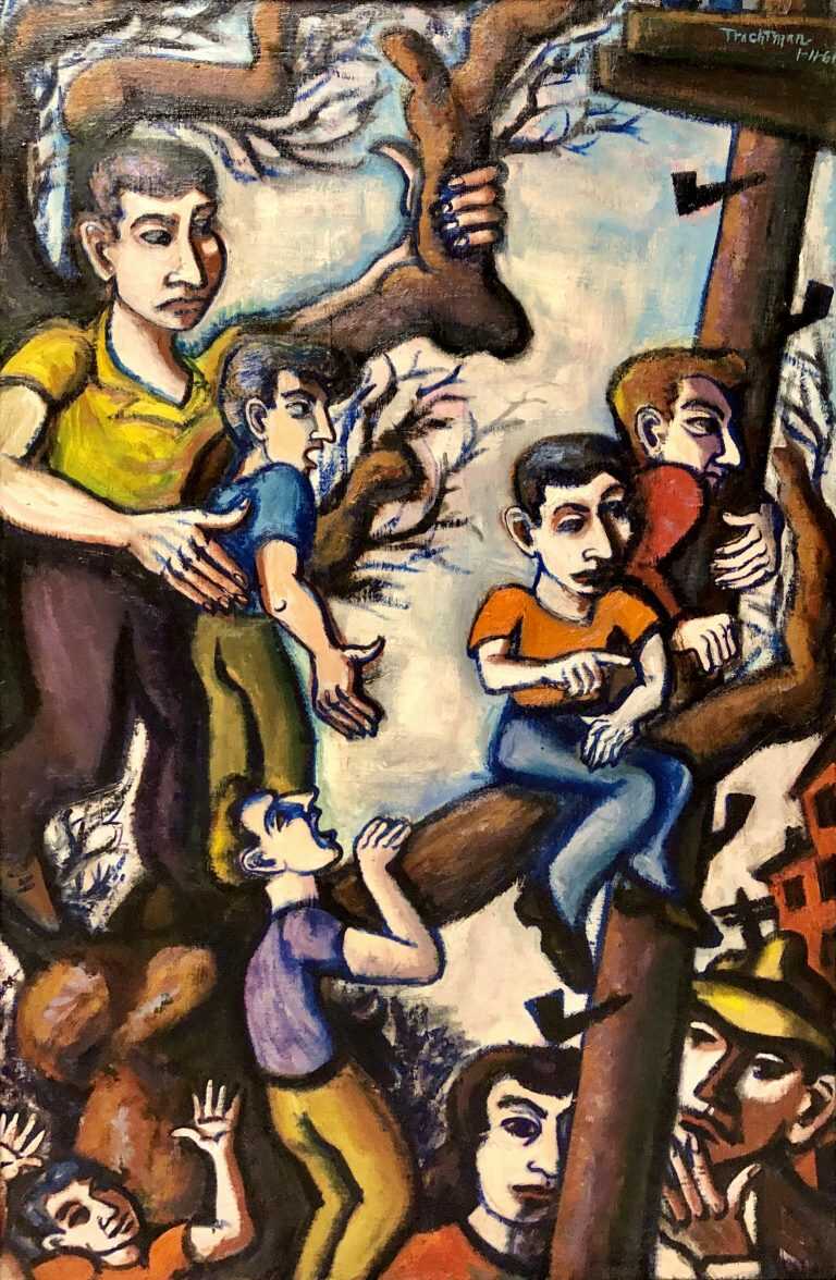Painting by Arnold Trachtman: Kids in Trees (Parade), available at Childs Gallery, Boston
