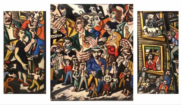 Painting by Arnold Trachtman: The Watchers (Triptych), available at Childs Gallery, Boston