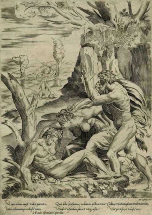 Print by attributed to Girolamo Fagiuoli (active Bologna by 1539, d. 1574) Italian School: Adam and Eve Mourning the Death of Abel [possibly after Fran, represented by Childs Gallery