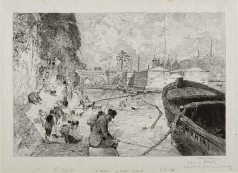 Print by Auguste Lepère: Paris - Sur la berge M-^V Le bain des chiens aux abords du P, represented by Childs Gallery