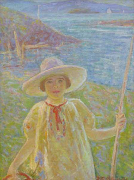 Painting by Beatrice Whitney Van Ness: [Portrait of a Young Girl in Sun Bonnet], represented by Childs Gallery