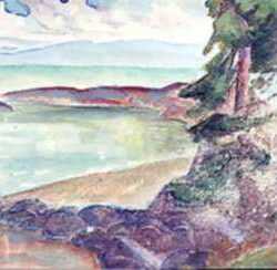 Watercolor by Beatrice Whitney Van Ness: Fir Trees by the Sea [North Haven, Maine], represented by Childs Gallery