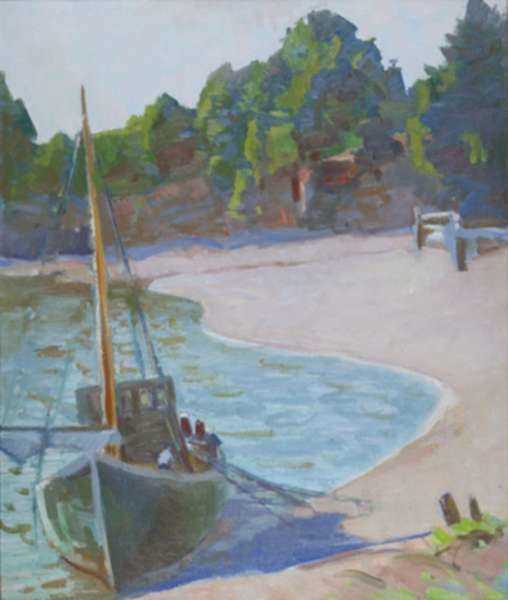 Painting by Beatrice Whitney Van Ness: Fishing Boat, Maine [Bartlett Cove], represented by Childs Gallery