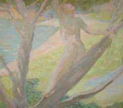 Painting by Beatrice Whitney Van Ness: Nude Woman on Tree, represented by Childs Gallery