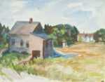Watercolor by Beatrice Whitney Van Ness: The Houses and the Field (recto) North Haven, Maine verso: H, represented by Childs Gallery