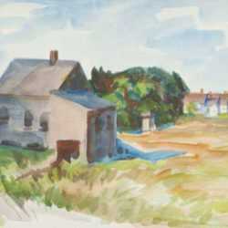 Watercolor by Beatrice Whitney Van Ness: The Houses and the Field (recto) North Haven, Maine verso: H, represented by Childs Gallery