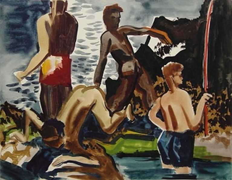 Watercolor By Ben Norris: Boys On Rocks #2 [hawaii] At Childs Gallery