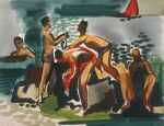 Watercolor By Ben Norris: Boys On Rocks #3 At Childs Gallery