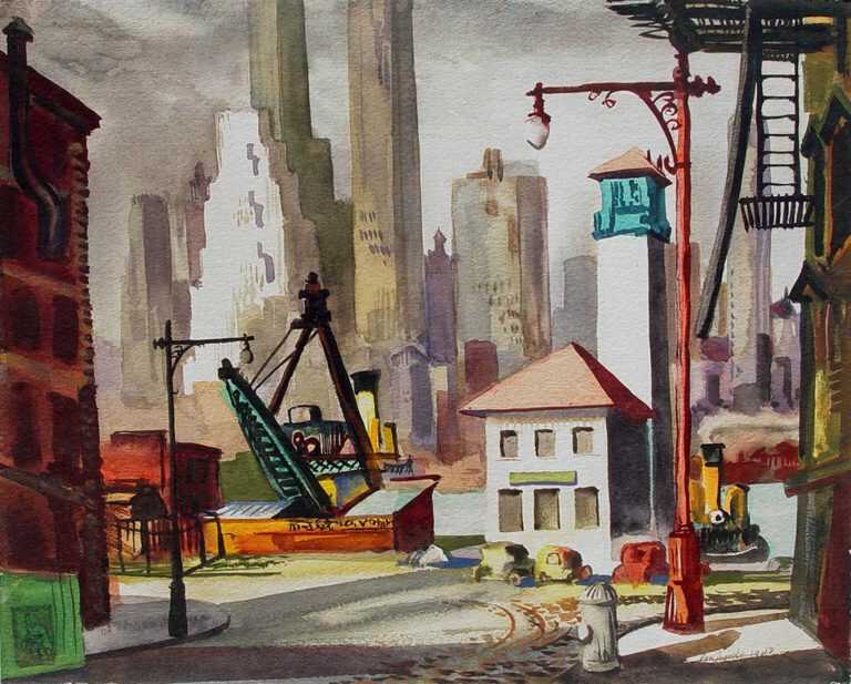 Watercolor By Ben Norris: Lower Manhattan From Brooklyn [new York City] At Childs Gallery