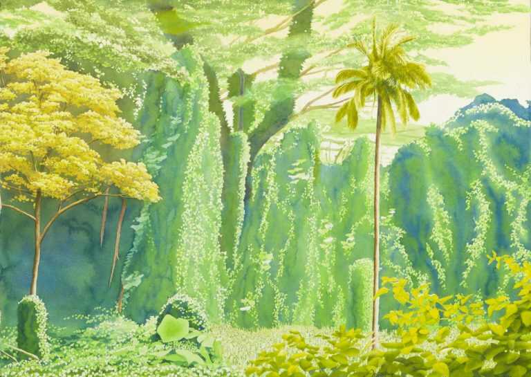 Watercolor By Ben Norris: Manoa Rainforest Xxix: Three Trees, Two Vines At Childs Gallery