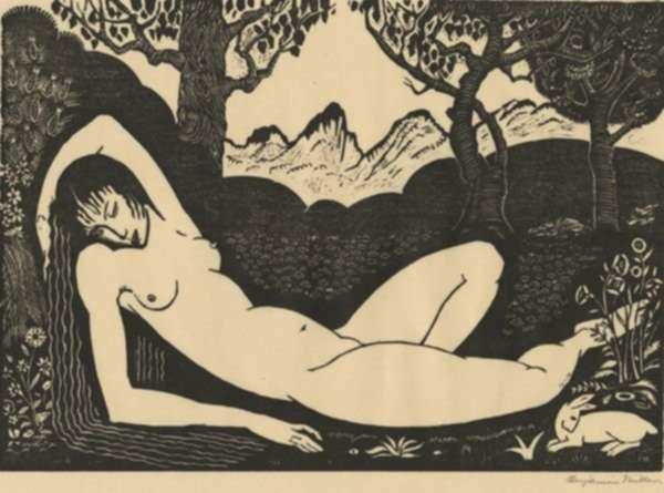 Print by Benjamin Miller: Nude with Rabbit, represented by Childs Gallery
