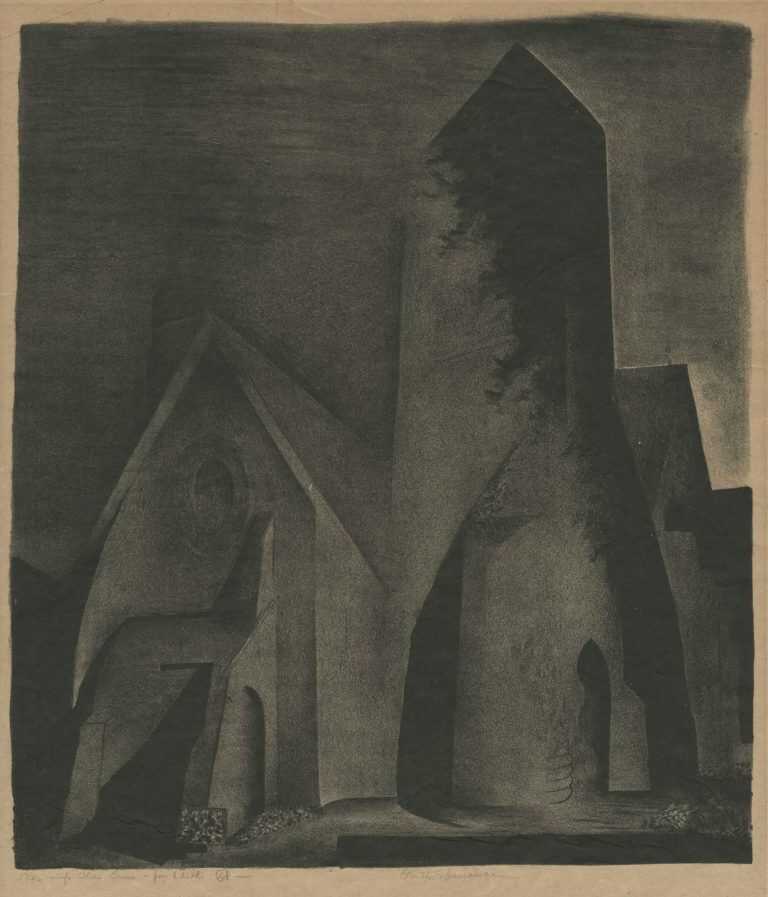 Print By Benton Spruance: Church At Night At Childs Gallery