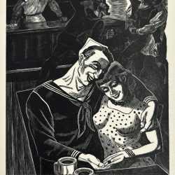 Print by Bernard Brussel Smith: The Bar, or Bar Flies, or Sailors in Café, available at Childs Gallery, Boston