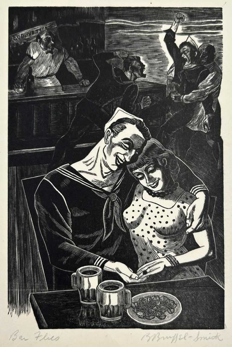 Print by Bernard Brussel Smith: The Bar, or Bar Flies, or Sailors in Café, available at Childs Gallery, Boston