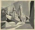 Watercolor by Bernard Brussel-Smith: [L'Église Saint Pierre from Below, Collonges la Rouge], represented by Childs Gallery