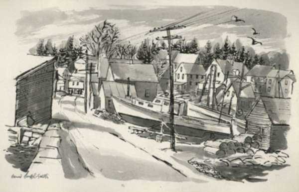 Drawing by Bernard Brussel-Smith: From Barters Wharf Towards Main Street [Deer Isle, Maine], represented by Childs Gallery