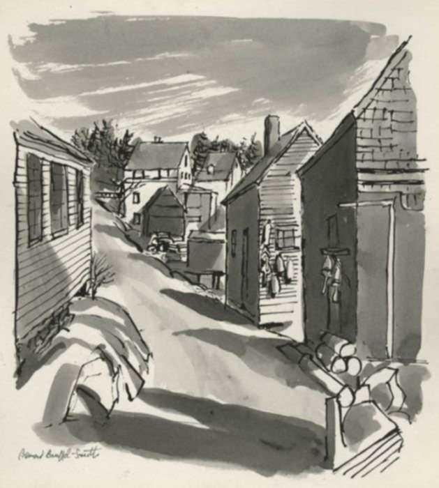 Drawing by Bernard Brussel-Smith: Greenhead Cove, Looking Towards Main Street [Maine], represented by Childs Gallery