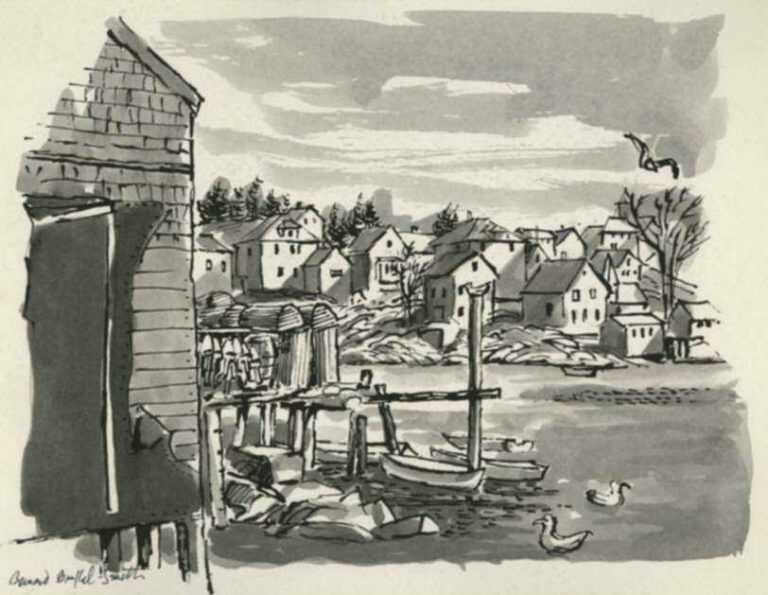 Drawing by Bernard Brussel-Smith: Greenhead Cove, Looking Towards Stonington Village [Maine], represented by Childs Gallery