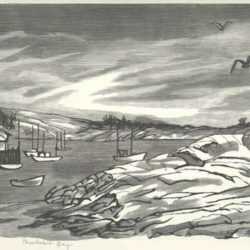 Print by Bernard Brussel-Smith: Penobscot Bay or Stonington, Maine, represented by Childs Gallery