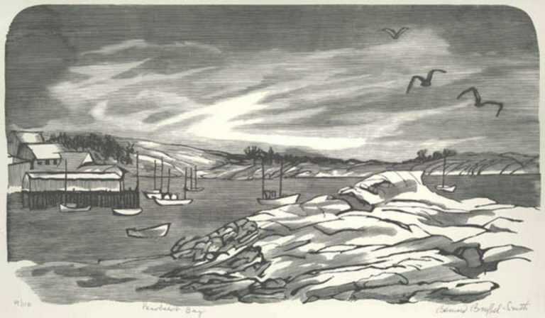 Print by Bernard Brussel-Smith: Penobscot Bay or Stonington, Maine, represented by Childs Gallery