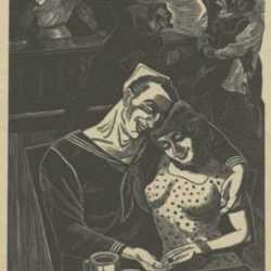 Print by Bernard Brussel-Smith: The Bar, or Bar Flies, or Sailors in Café, represented by Childs Gallery