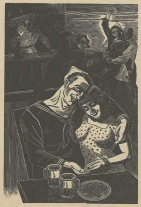 Print by Bernard Brussel-Smith: The Bar, or Bar Flies, or Sailors in Café, represented by Childs Gallery